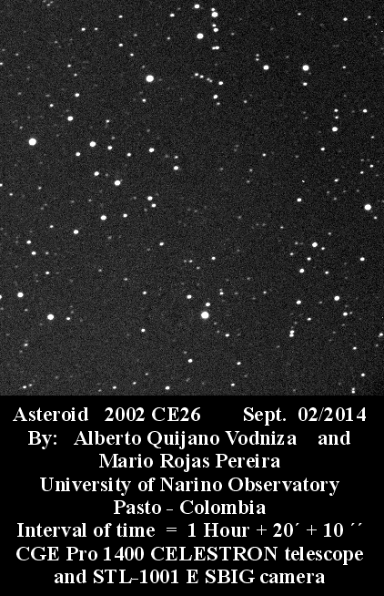 Анимация полета астероида 2002 CE26 2 сентября 2014 через созвездие Пегас.