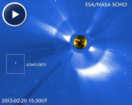 Click to view a post-flyby movie recorded on Feb. 20th by the Solar and Heliospheric Observatory (SOHO)