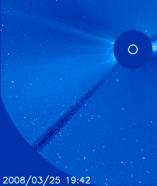 The CME caught by the Solar and Heliospheric Observatory, LASCO instrument (credit: SOHO)